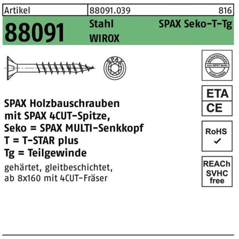 SPAX Vis à bois, 8 x 140 mm, 50 pièces, filetage partiel, tête fraisée, T-STAR plus T40, 4CUT, WIROX - 0191010801405