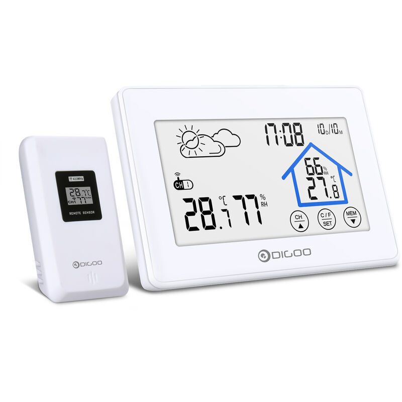 Wetterstation mit LCD-Sensor Wettervorhersage Wireless Indoor Outdoor  Wecker Thermometer Digitales Hygrometer Temperatur und Luftfeuchtigkeit  Hasaki