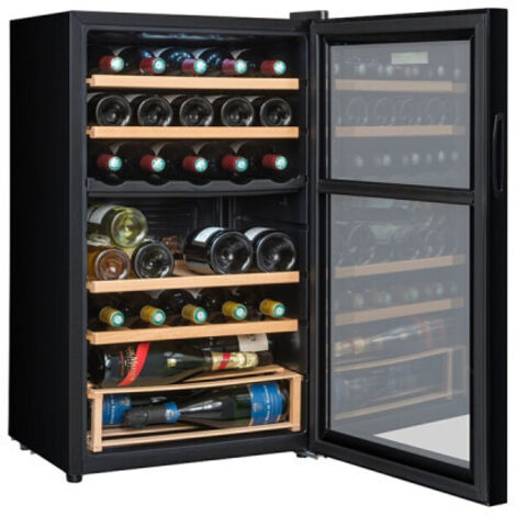 Cave à vin de service 33 bouteilles – Double zone 12°-18°C et 5°-14°C – Design noir inox avec vitre anti-UV – 4 clayettes en bois d'hêtre – La Sommeliere - SLS33DZ