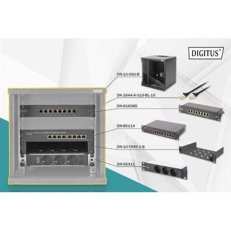 DIGITUS Set de 10 Inch - Cabinet de Network 6U Soho Series Black - Shelf - power strip de sockets - Panel de Connections de 8 Port - gigabit switch de 8 Port de (1/5)