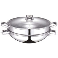 Wok 2 en 1 - BAUMALU - Tous feux dont induction - Couvercle en verre - 32 cm