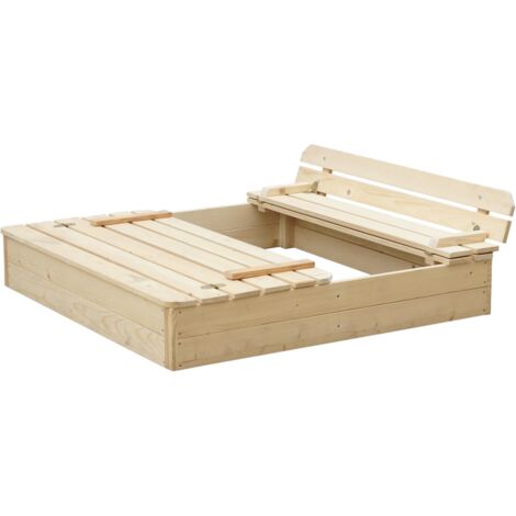 Timbela – Bac à sable en bois avec couvercle et banc rabattables 118 x 122 x H20 cm – Protection intempéries – M0511