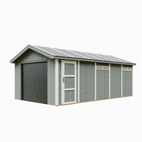 Timbela – Garage bois 21 m² – Dimensions L378 x l648 cm – Abri sécurisé pour 2 voitures avec volets roulants électriques – Panneaux LP SmartSide
