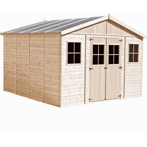 Abri de Jardin en Bois Naturel - Stockage extérieur avec fenêtres- H246 x 418 x 420 cm/ 16 m²- hangar en bois naturel - Atelier rangement outils et vélos- TIMBELA M330