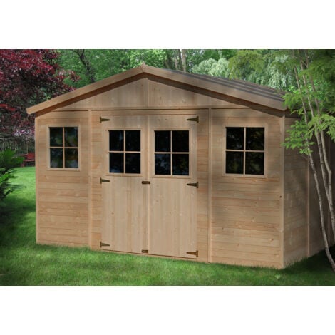 Abri de jardin en bois TIMBELA M331 - 12 m² - extérieur H246 x 418 x 320 cm - Construction de panneaux en bois naturel