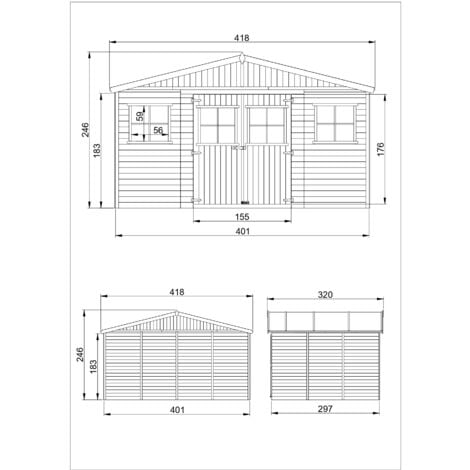 Abri de jardin en bois TIMBELA M331 - 12 m² - extérieur H246 x 418 x 320 cm - Construction de panneaux en bois naturel