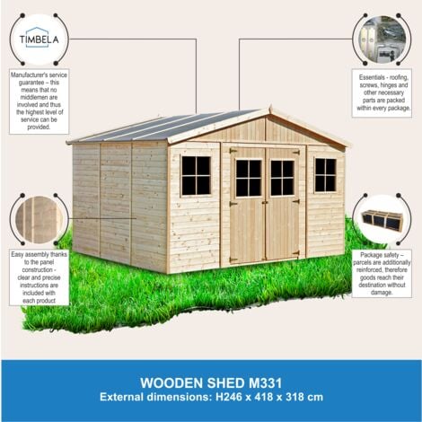 Abri de jardin en bois TIMBELA M331 - 12 m² - extérieur H246 x 418 x 320 cm - Construction de panneaux en bois naturel