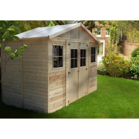 Abri de Jardin en Bois Naturel - Stockage extérieur avec fenêtres- H246x418x220 cm/8 m² hangar en bois naturel - Atelier rangement outils et vélos- TIMBELA M332