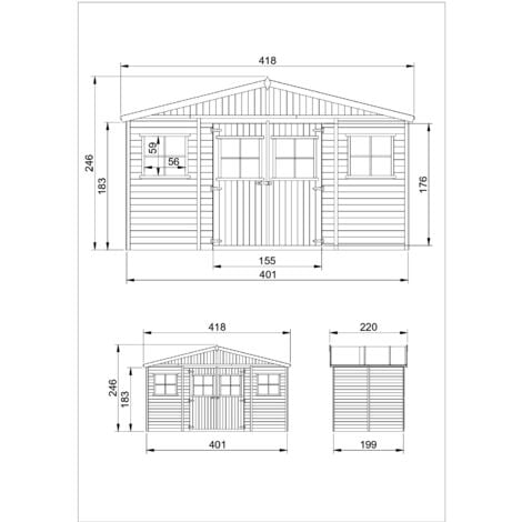 Abri de Jardin en Bois Naturel - Stockage extérieur avec fenêtres- H246x418x220 cm/8 m² hangar en bois naturel - Atelier rangement outils et vélos- TIMBELA M332