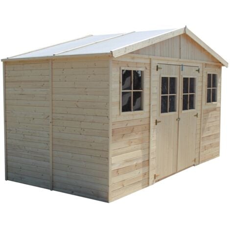 Abri de Jardin en Bois Naturel - Stockage extérieur avec fenêtres- H246x418x220 cm/8 m² hangar en bois naturel - Atelier rangement outils et vélos- TIMBELA M332