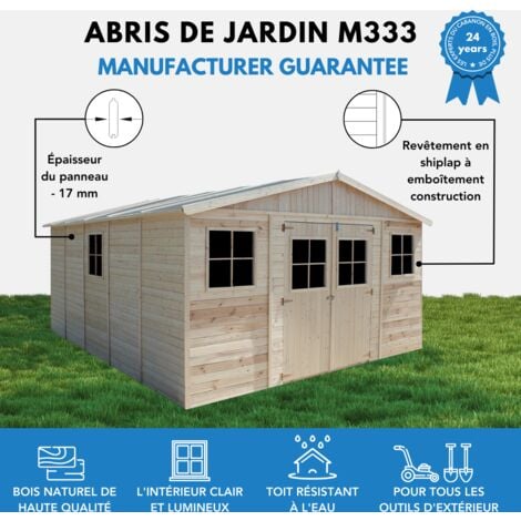 Abri de jardin en bois TIMBELA M333 - 20 m² - extérieur H246 x 418 x 522 cm - Construction de panneaux en bois naturel