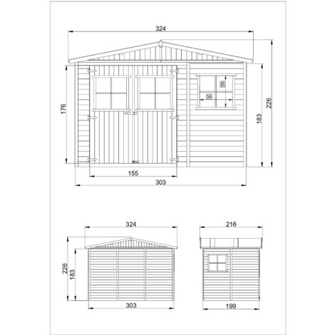 Abri de jardin en bois Exterieur AVEC LES PLANCHERS IMPRÉGNÉ- Cabane de jardin en Pin/épicéa-H226x324x216 cm/6m2- Construction de panneaux- Rangement pour vélos, remise à outils- Timbela M334+M334G