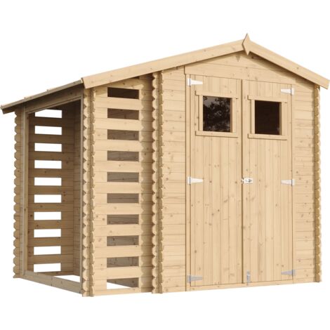 Abri de jardin en bois et range bûches extérieur AVEC SOL TRAITÉ - extérieur I206xL272xH218 cm/ 3,53 + 0,97 m2 Petit abri à outils, Local à vélos - TIMBELA M386+M386G (1/5)