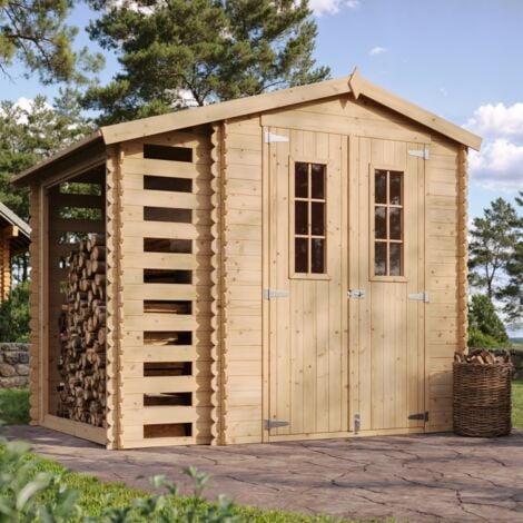 Abri de jardin en bois TIMBELA M386C - Avec à bûches / rangement 4,47 m² - Extérieur H218 x 272 x 206 cm - Atelier rangement outils et vélos