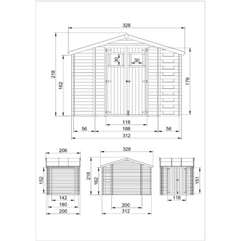 Abri de jardin en bois et range bûches extérieur AVEC SOL TRAITÉ - extérieur  I206xL328xH218 cm/ 3,53 + 0,97+0,97 m2 Petit abri à outils, Local à vélos -  Toit imperméable, fenêtres TIMBELA