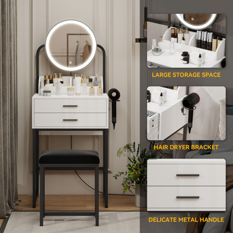 Dressing Table with LED Lights Vanity Table with Adjustable Brightness Mirror 2 Large Drawers and Hair Dryer Rack Cushioned Stool Modern Bedroom Dresser Black Frame Compact Size