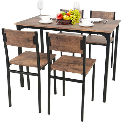 Puluomis Dining Table and Chairs Set, Modern Industrial Style Dining Room Furniture, Metal Frame, for Dining Room Kitchen Bistro Bar Restaurant Patio, 5 Pieces, 1 Table and 4 Chairs, Brown