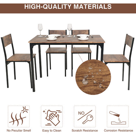 Puluomis Dining Table and Chairs Set, Modern Industrial Style Dining Room Furniture, Metal Frame, for Dining Room Kitchen Bistro Bar Restaurant Patio, 5 Pieces, 1 Table and 4 Chairs, Brown