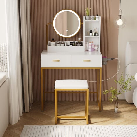 Dressing Table with LED Lights, Vanity Table with Adjustable Brightness Mirror, 2 Large Drawers and Hair Dryer Rack, Cushioned Stool, Modern Bedroom Dresser (Gold Frame)