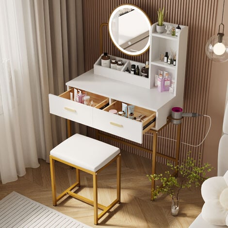 Dressing Table with LED Lights, Vanity Table with Adjustable Brightness Mirror, 2 Large Drawers and Hair Dryer Rack, Cushioned Stool, Modern Bedroom Dresser (Gold Frame)