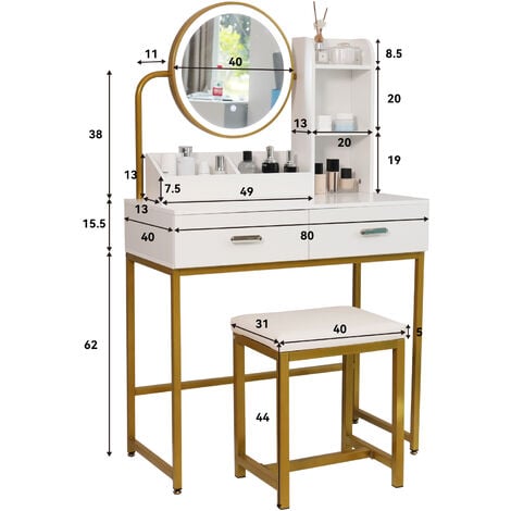 Dressing Table with LED Lights, Vanity Table with Adjustable Brightness Mirror, 2 Large Drawers and Hair Dryer Rack, Cushioned Stool, Modern Bedroom Dresser (Gold Frame)