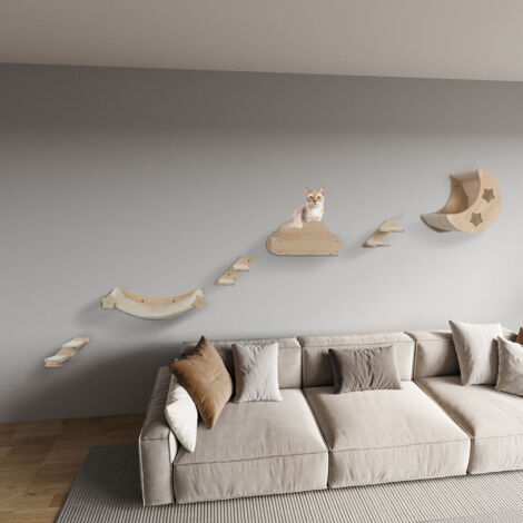 Puluomis 6PCS Wall Mounted Cat Tree, Wooden Wall Climbing Shelves Cat Perch Platform，Wooden Cat Wall Furniture, Beige