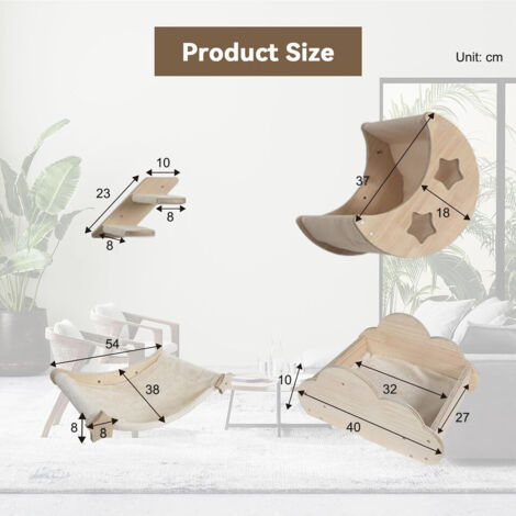 Puluomis 6PCS Wall Mounted Cat Tree, Wooden Wall Climbing Shelves Cat Perch Platform，Wooden Cat Wall Furniture, Beige