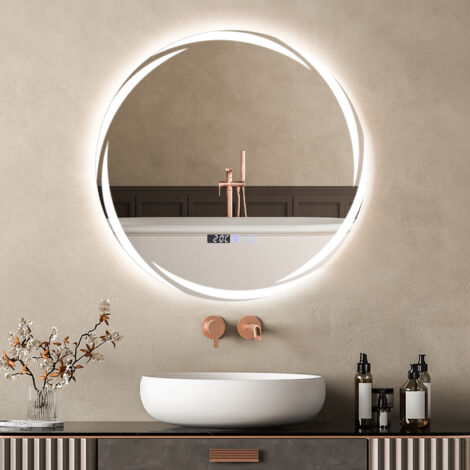 Illuminated Bathroom Mirror with LED Lights, Demister, Touch Sensor, 3 Light Color, Dimmable, Round, 600600mm