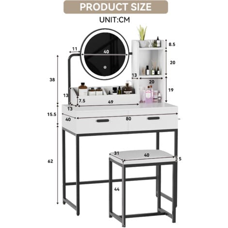 Dressing Table with LED Lights, Vanity Table with Adjustable Brightness Mirror, 2 Large Drawers and Hair Dryer Rack, Cushioned Stool, Modern Bedroom Dresser (Black Frame)