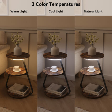 Puluomis Side Table with LED Lighted, Small Sofa Side Table with 3 Tier, Bedside End Table with Storage for Living Bedroom, Brown