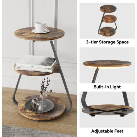 Puluomis Side Table with LED Lighted, Small Sofa Side Table with 3 Tier, Bedside End Table with Storage for Living Bedroom, Brown