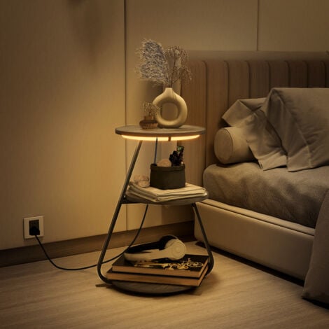 Puluomis Side Table with LED Lighted, Small Sofa Side Table with 3 Tier, Bedside End Table with Storage for Living Bedroom, Grey