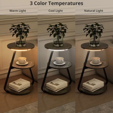 Puluomis Side Table with LED Lighted, Small Sofa Side Table with 3 Tier, Bedside End Table with Storage for Living Bedroom, Grey