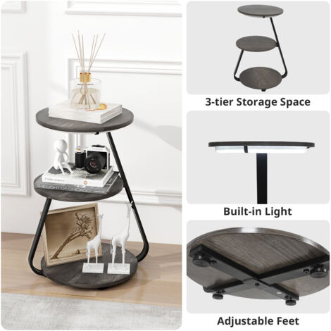 Puluomis Side Table with LED Lighted, Small Sofa Side Table with 3 Tier, Bedside End Table with Storage for Living Bedroom, Grey