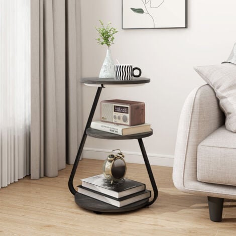 Puluomis Side Table with LED Lighted, Small Sofa Side Table with 3 Tier, Bedside End Table with Storage for Living Bedroom, Grey