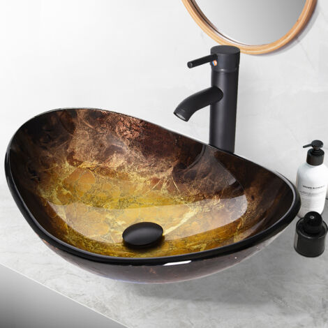 Puluomis Bathroom Sink Cabinet Set, Tempered Glass Basin, Hand-painted Washbowl, with Chrome Tap, Waste, Water Supply Lines, Yellow