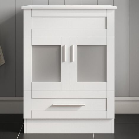 Puluomis Bathroom Sink Cabinet Unit, Tempered Glass Basin, Hand-painted Washbowl, with Chrome Tap, Waste, Water Supply Lines, White