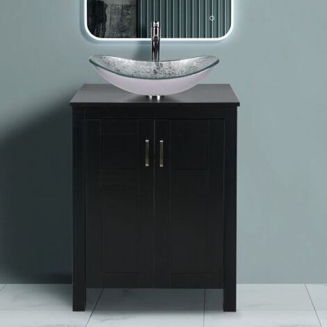 Puluomis Bathroom Sink Cabinet Unit, Tempered Glass Basin, Hand-painted Washbowl, with Chrome Tap, Waste, Water Supply Lines, Black