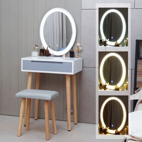 Dressing Table and Mirror Furniture Makeup Vanity Table with Wooden Cushioned Stool Set Round Mirror
