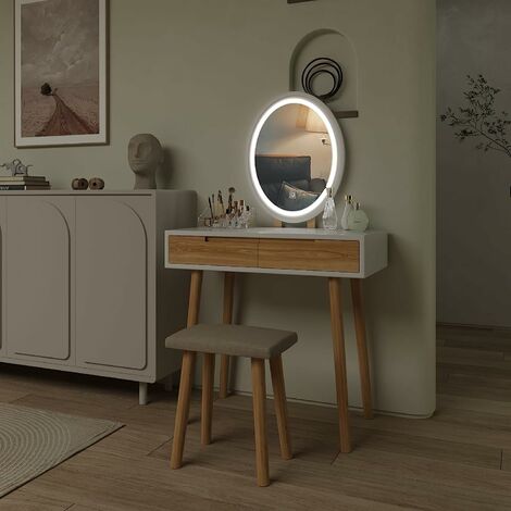 Puluomis Dressing Table with LED Lights Mirror, Vanity Makeup Table Set with 2 Drawers, Adjustable Brightness Mirror, Cushioned Stool and Free Make-up Organizer, Wood-color, Oval Mirror