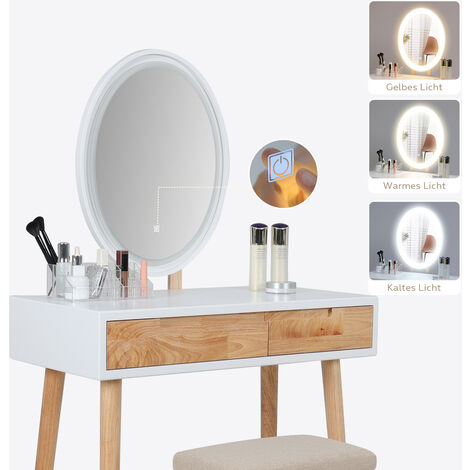 Puluomis Dressing Table with LED Lights Mirror, Vanity Makeup Table Set with 2 Drawers, Adjustable Brightness Mirror, Cushioned Stool and Free Make-up Organizer, Wood-color, Oval Mirror