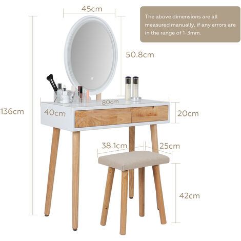 Puluomis Dressing Table with LED Lights Mirror, Vanity Makeup Table Set with 2 Drawers, Adjustable Brightness Mirror, Cushioned Stool and Free Make-up Organizer, Wood-color, Oval Mirror