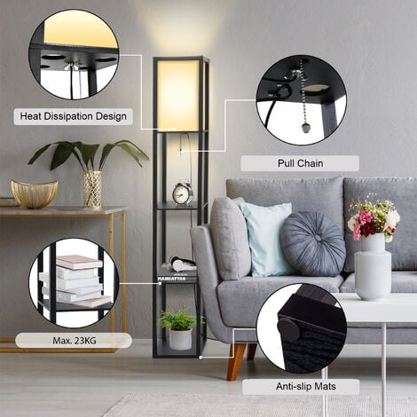 Puluomis Floor Lamp,3-Tier Wooden Shelf,Standing Light with Display Shelves, Black, Without Bulb