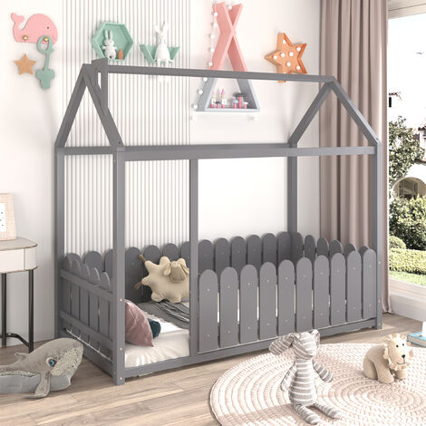 Kids Bed Frame, Wooden House Bed Frame, 3ft Wood Treehouse Bed with Pine Wood, Floor Bed for Children, Kids, Teens, Girls, Boys, Grey