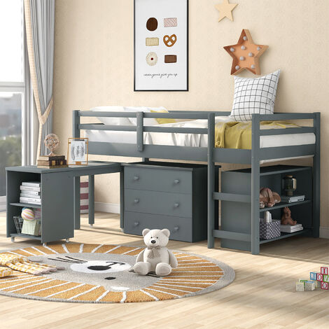 3FT Cabin Bed Frame, Pine Wood Children Bed, Multiple Functions Loft Bed, Mid Sleeper, with Movable Desk, Three drawers, Shelves, Kids, Boys, Girls, Grey