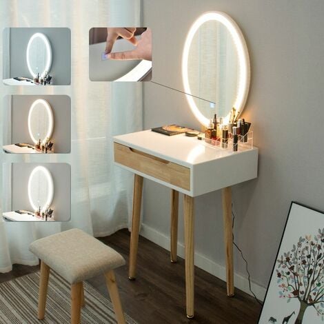 Puluomis Dressing Table with LED Lights Mirror, Vanity Makeup Table Set with Adjustable Brightness Mirror, Cushioned Stool and Free Make-up Organizer, Single Drawer, Wood-color