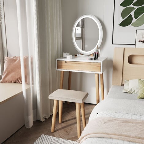 Puluomis Dressing Table with LED Lights Mirror, Vanity Makeup Table Set with Adjustable Brightness Mirror, Cushioned Stool and Free Make-up Organizer, Single Drawer, Wood-color