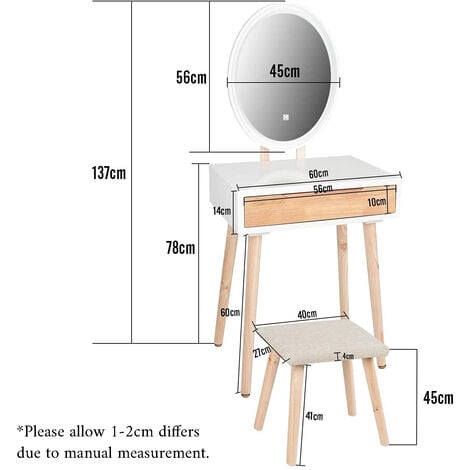 Puluomis Dressing Table with LED Lights Mirror, Vanity Makeup Table Set with Adjustable Brightness Mirror, Cushioned Stool and Free Make-up Organizer, Single Drawer, Wood-color