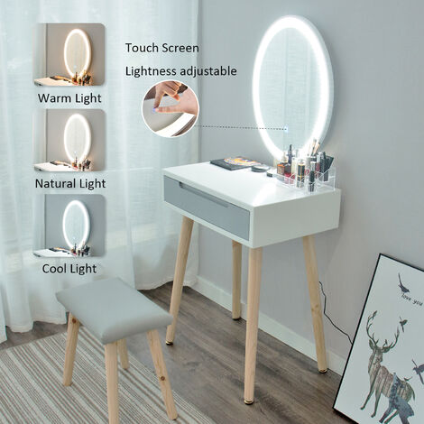 Puluomis Dressing Table with LED Lights Mirror, Vanity Makeup Table Set with Adjustable Brightness Mirror, Cushioned Stool and Free Make-up Organizer, Single Drawer, Grey
