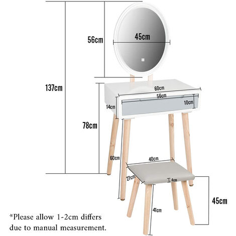 Puluomis Dressing Table with LED Lights Mirror, Vanity Makeup Table Set with Adjustable Brightness Mirror, Cushioned Stool and Free Make-up Organizer, Single Drawer, Grey